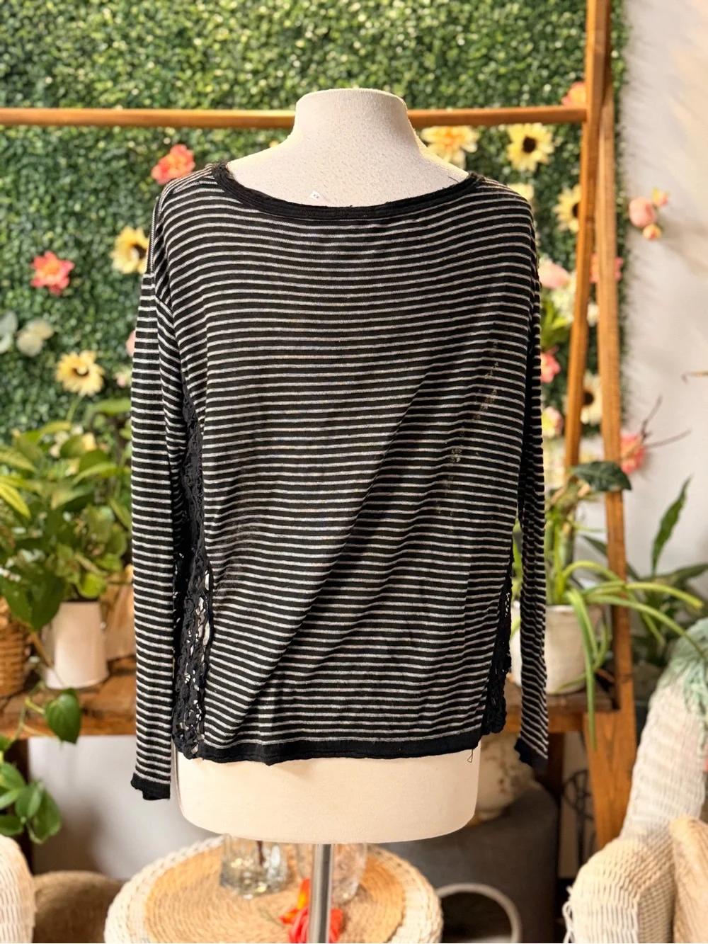 Free People Black & White Striped Crochet Side-Panel Long Sleeve Top